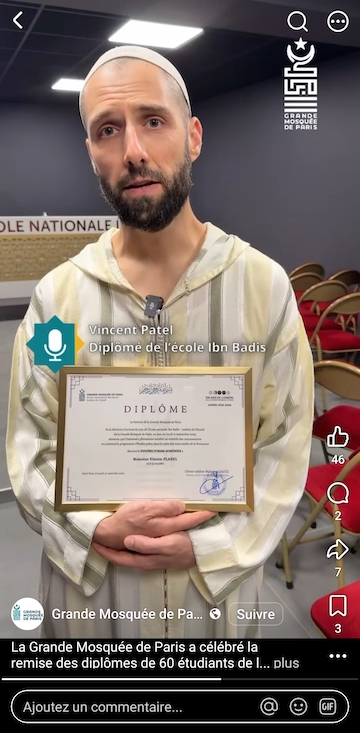 L'imam Vincent Patel, diplômé de la Mosquée de Paris.
